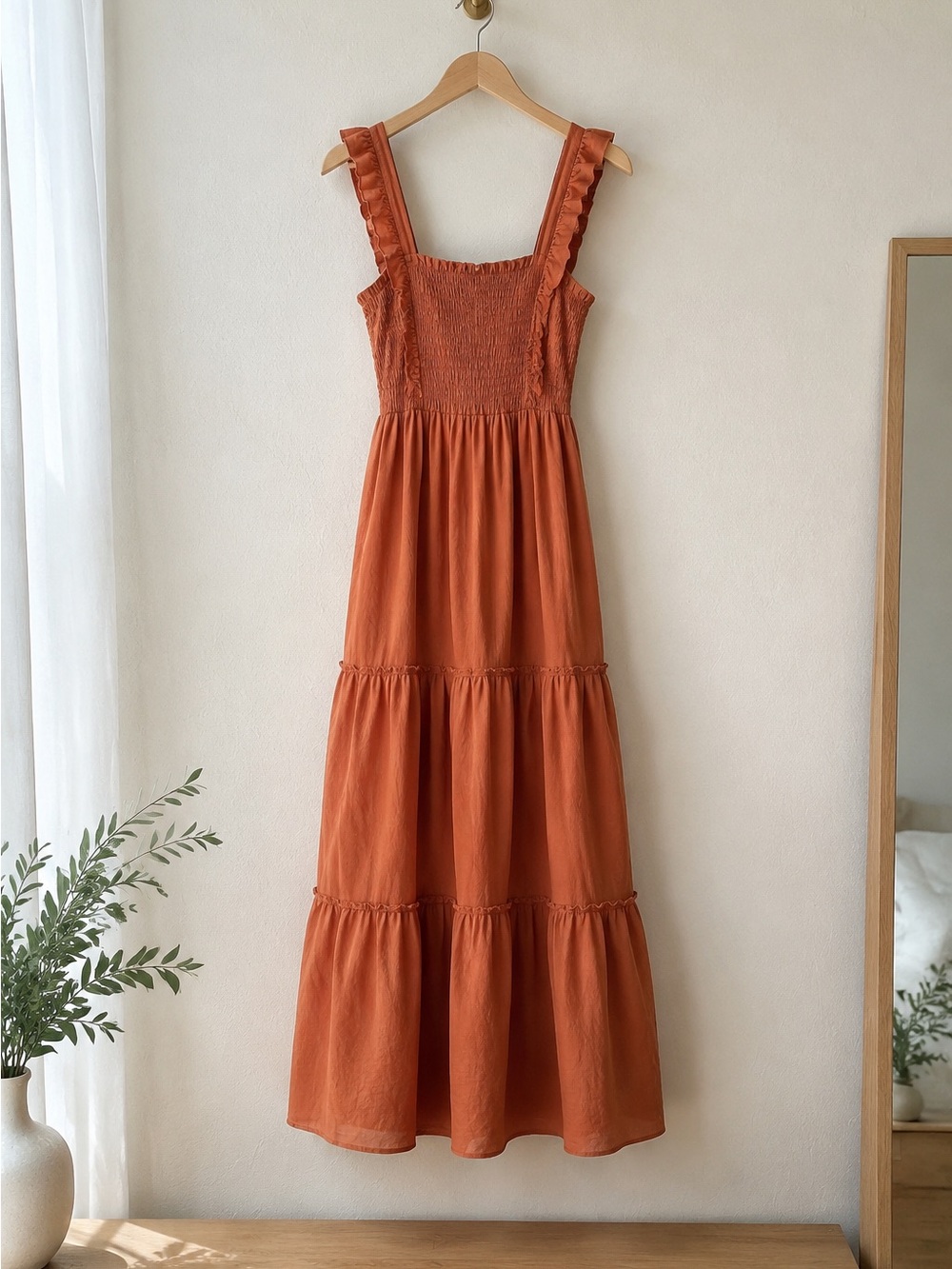Rust Orange Tiered Maxi Dress with Ruffled Straps